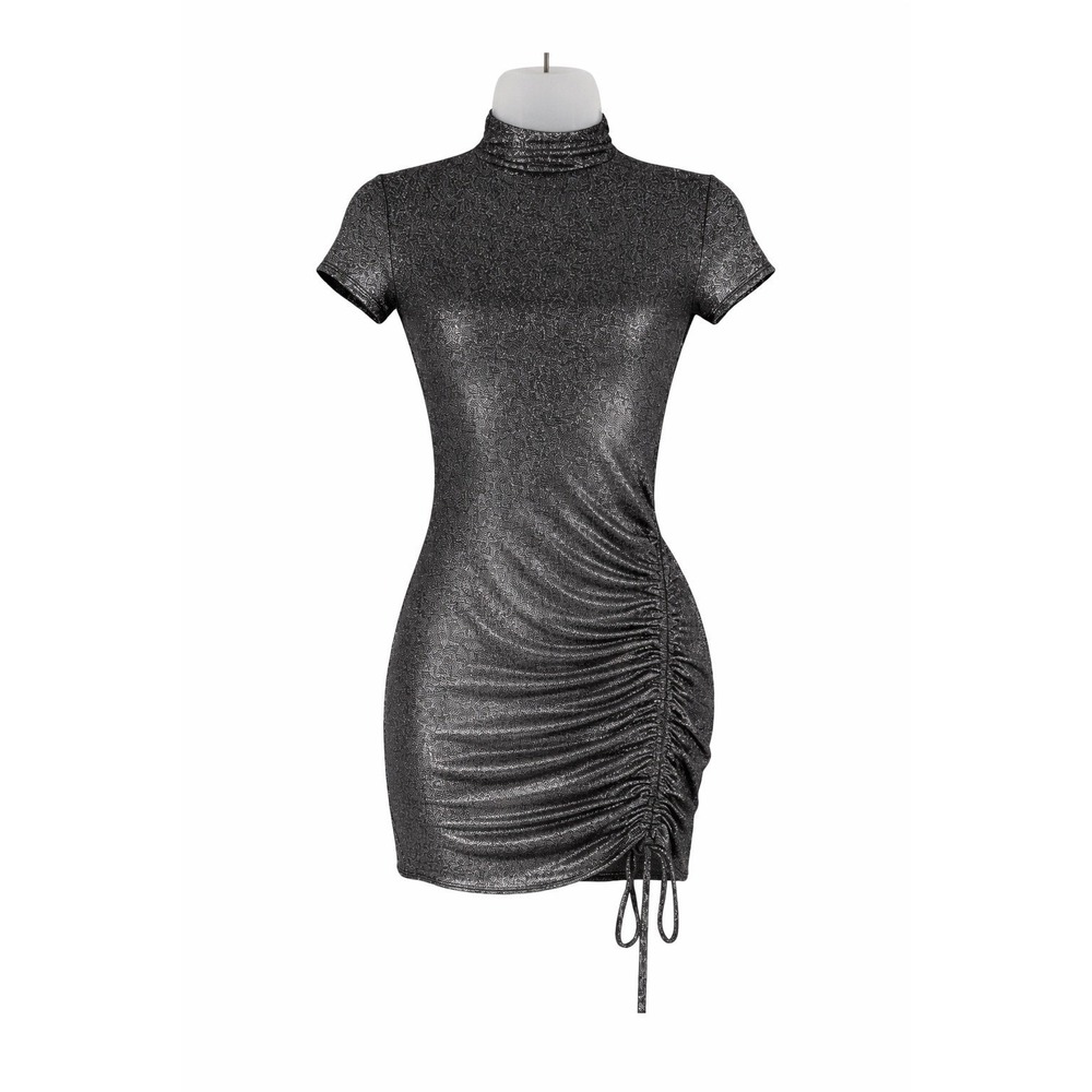 "Whispers Silver Metallic Ruched Mini Dress Small Night Out Rave
